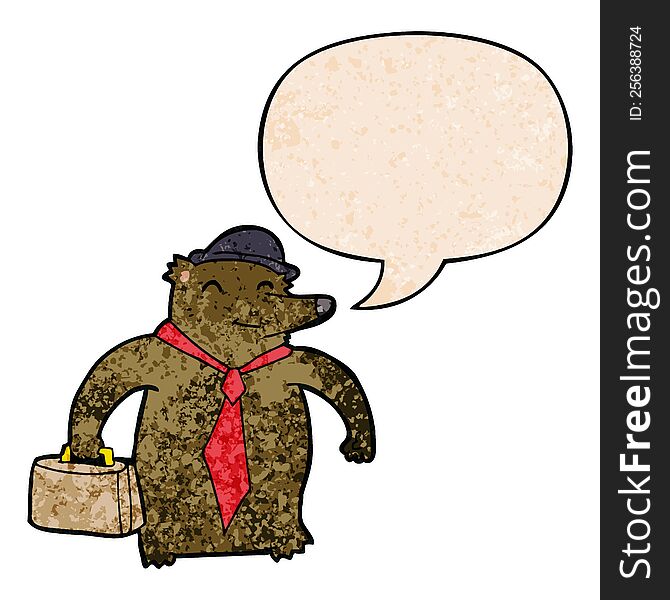 cartoon business bear with speech bubble in retro texture style