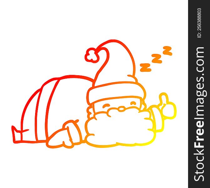 Warm Gradient Line Drawing Sleepy Santa Giving Thumbs Up Symbol