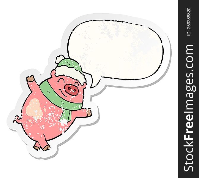 cartoon pig wearing christmas hat with speech bubble distressed distressed old sticker. cartoon pig wearing christmas hat with speech bubble distressed distressed old sticker