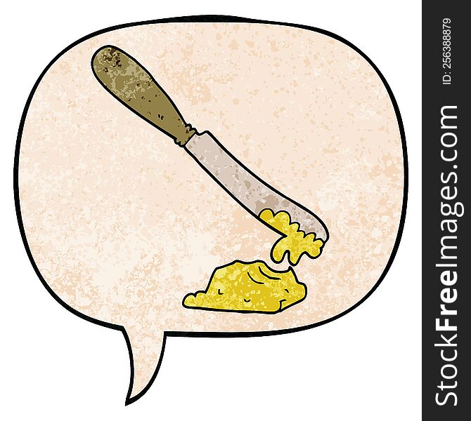 cartoon knife spreading butter with speech bubble in retro texture style