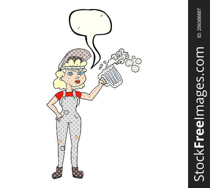 freehand drawn comic book speech bubble cartoon hard working woman with beer