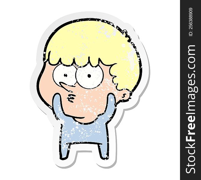 distressed sticker of a cartoon curious boy