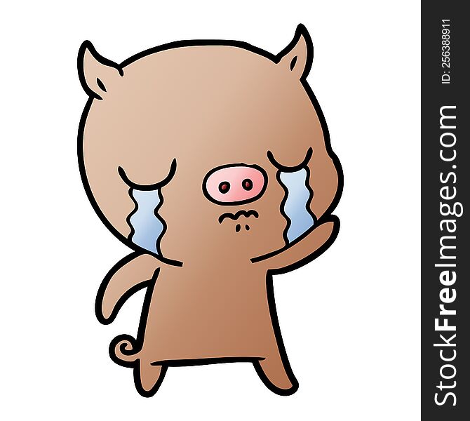 cartoon pig crying waving goodbye. cartoon pig crying waving goodbye