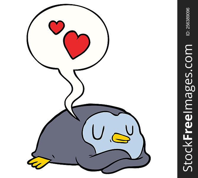 Cartoon Penguin And Love Hearts And Speech Bubble