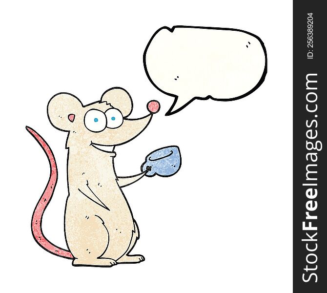 freehand speech bubble textured cartoon mouse with cup of tea