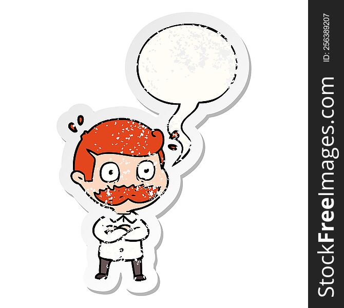 Cartoon Man And Mustache Shocked And Speech Bubble Distressed Sticker