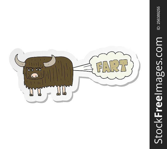 sticker of a cartoon hairy cow farting