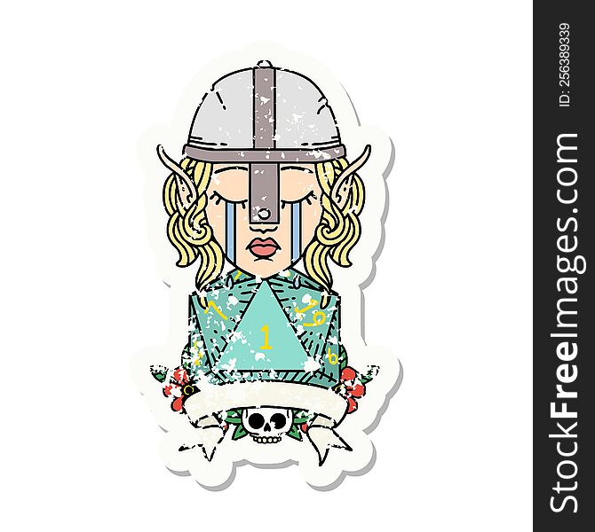 Crying Elf Fighter Character Face With Natural One D20 Roll Grunge Sticker