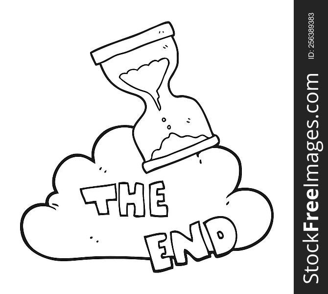 freehand drawn black and white cartoon sand timer hourglass the end symbol