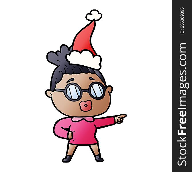 Gradient Cartoon Of A Pointing Woman Wearing Spectacles Wearing Santa Hat