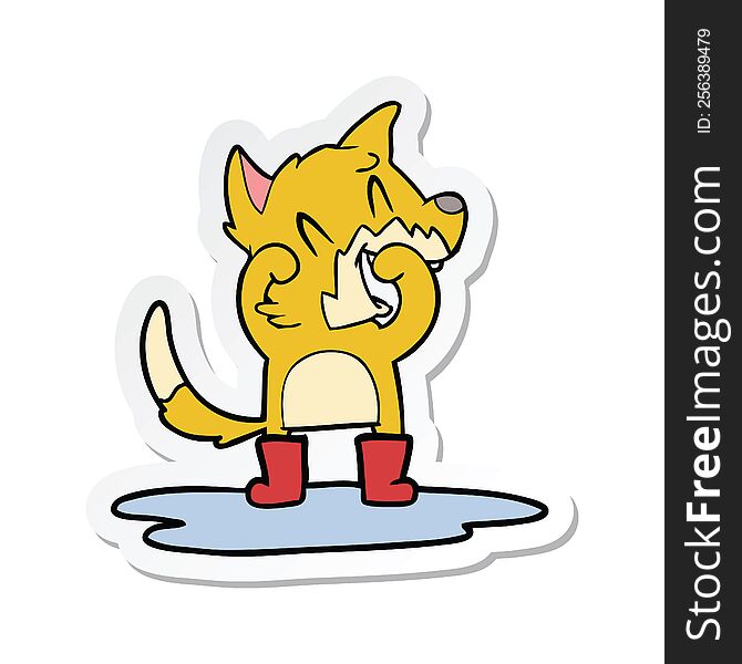 sticker of a laughing fox in a puddle