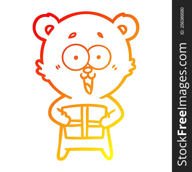 warm gradient line drawing of a laughing teddy  bear with christmas present