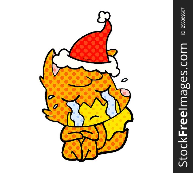 Crying Fox Comic Book Style Illustration Of A Wearing Santa Hat