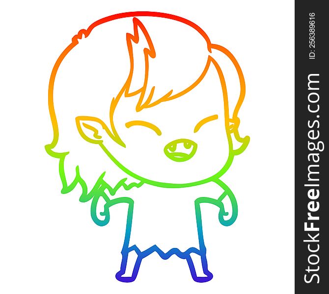 Rainbow Gradient Line Drawing Cartoon Laughing Vampire Girl