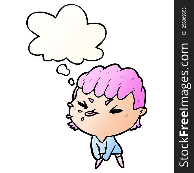 cartoon rude girl with thought bubble in smooth gradient style