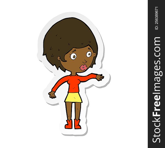 sticker of a cartoon concerned woman reaching out