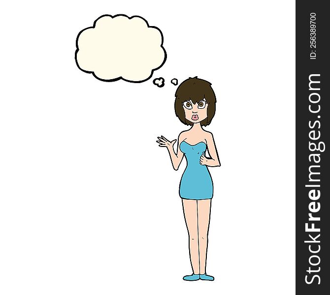 Cartoon Confused Woman In Cocktail Dress With Thought Bubble