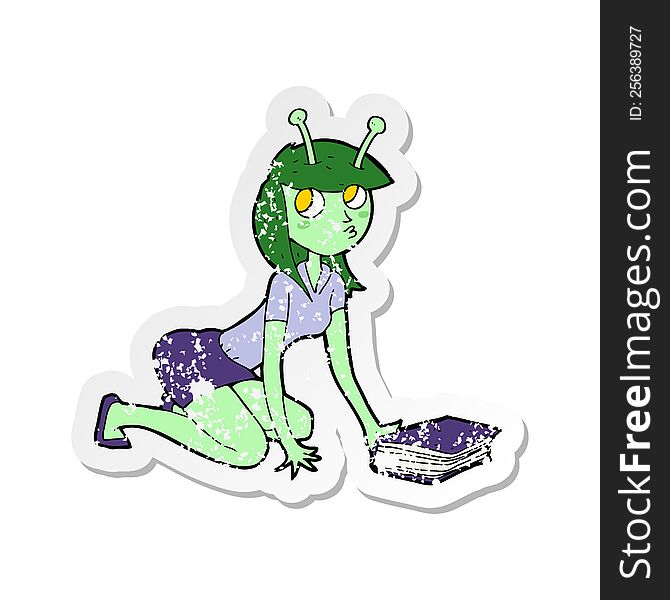 Retro Distressed Sticker Of A Cartoon Alien Girl And Book