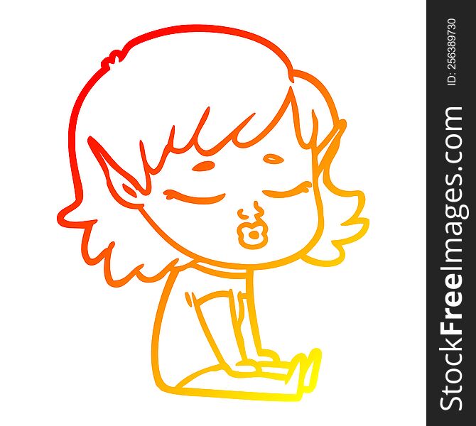 warm gradient line drawing of a pretty cartoon elf girl sitting