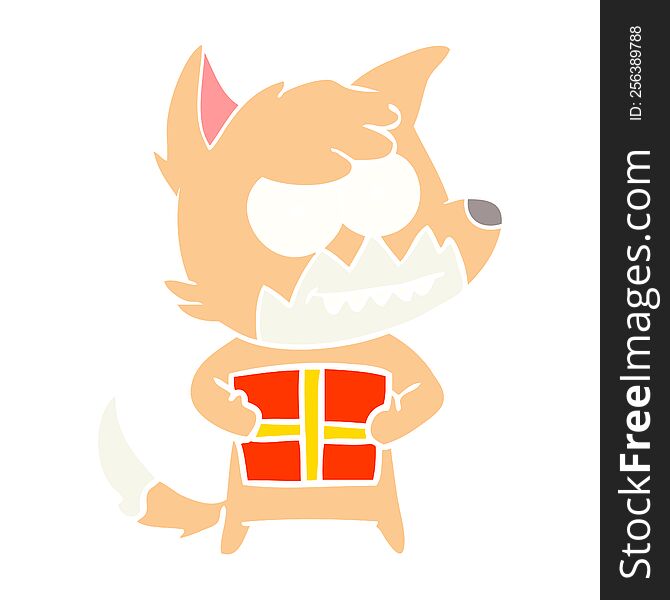 Flat Color Style Cartoon Grinning Fox With Present