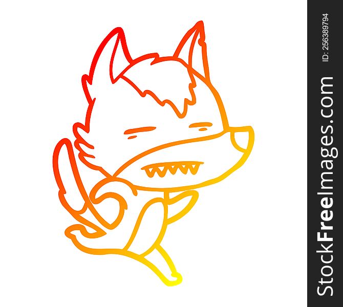 warm gradient line drawing of a cartoon wolf running showing teeth