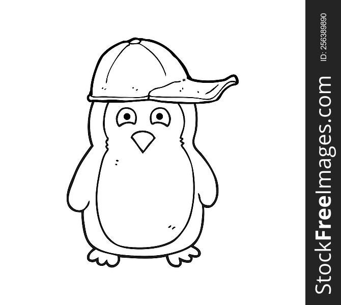 black and white cartoon penguin wearing hat