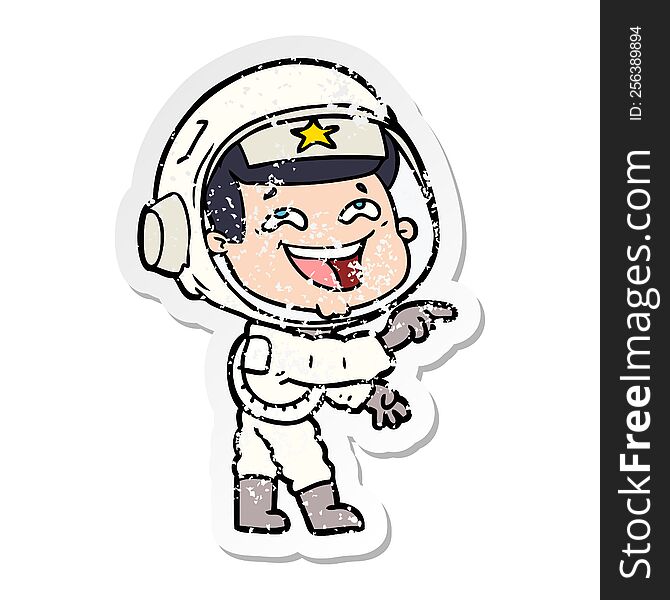 Distressed Sticker Of A Cartoon Laughing Astronaut