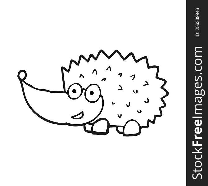 freehand drawn black and white cartoon hedgehog