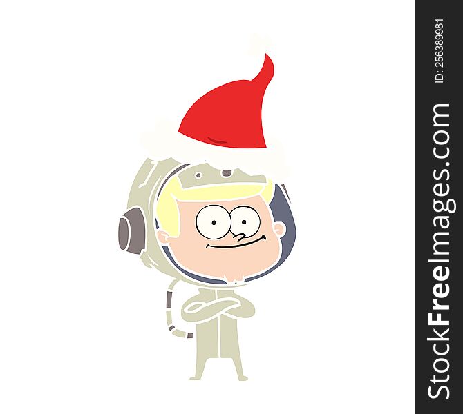 happy astronaut hand drawn flat color illustration of a wearing santa hat. happy astronaut hand drawn flat color illustration of a wearing santa hat