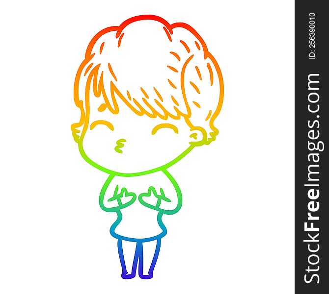 Rainbow Gradient Line Drawing Cartoon Woman Thinking