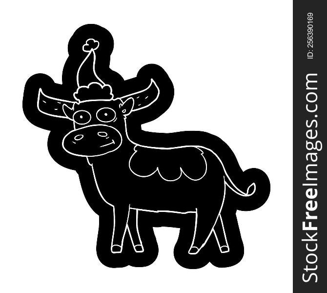 quirky cartoon icon of a bull wearing santa hat