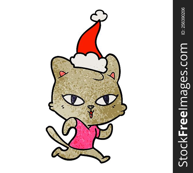 Textured Cartoon Of A Cat Out For A Run Wearing Santa Hat