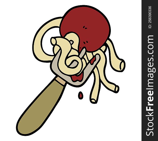 Hand Drawn Doodle Style Cartoon Spaghetti And Meatballs On Fork