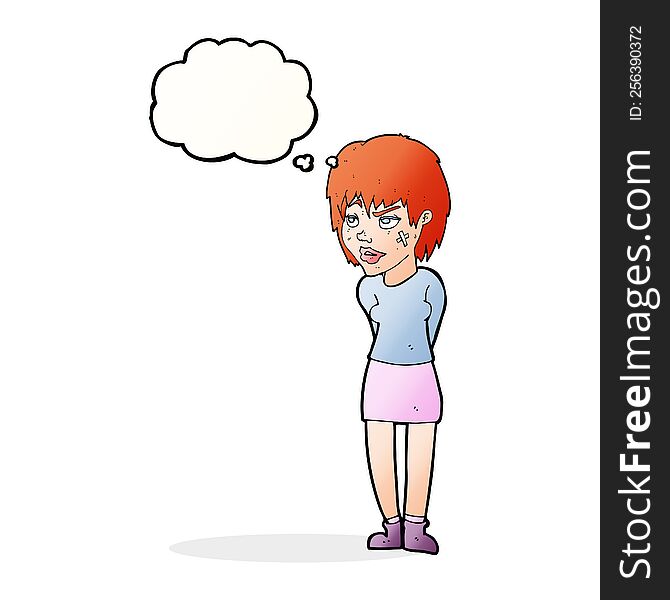 cartoon woman with plaster on face with thought bubble