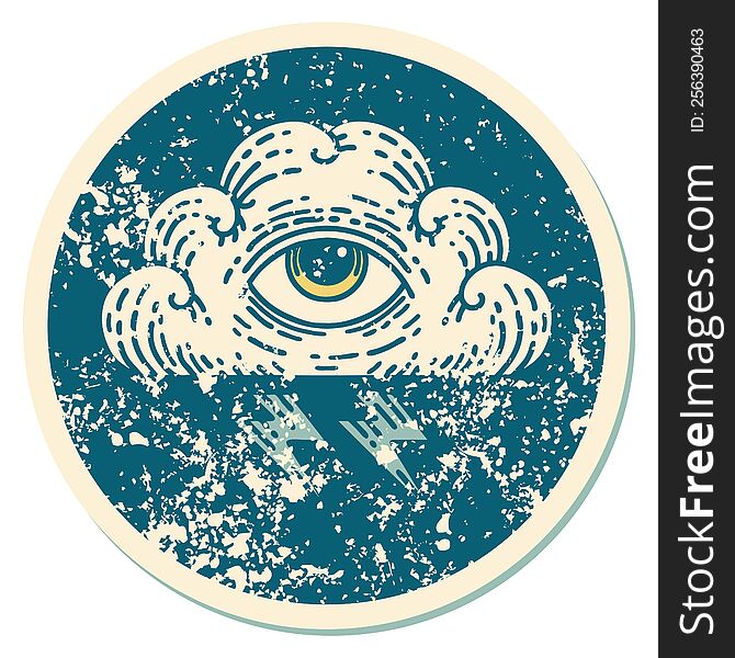 Distressed Sticker Tattoo Style Icon Of An All Seeing Eye Cloud