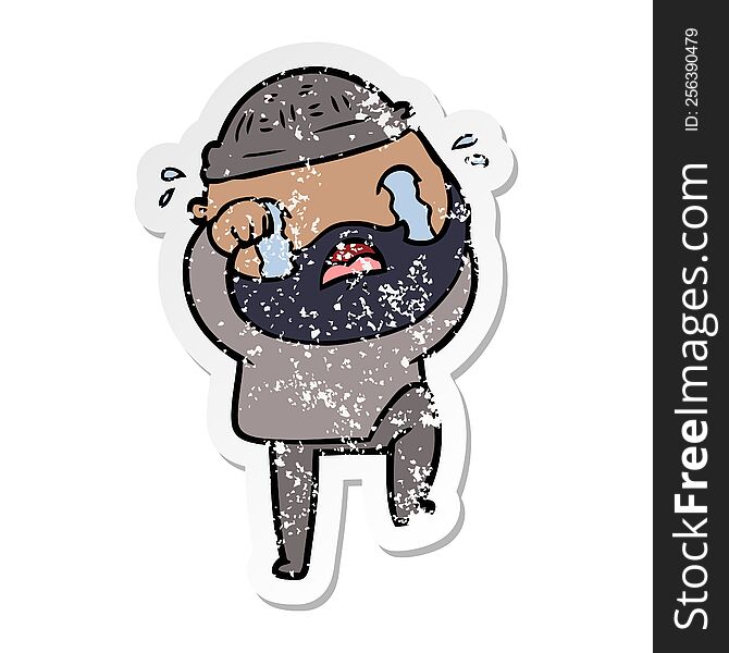 distressed sticker of a cartoon bearded man crying and stamping foot