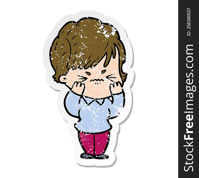 Distressed Sticker Of A Cartoon Frustrated Woman
