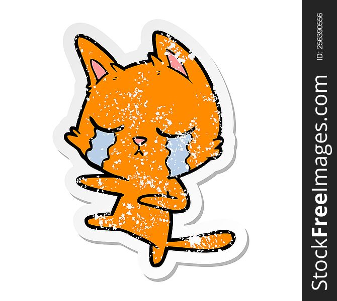 Distressed Sticker Of A Crying Cartoon Cat Dancing