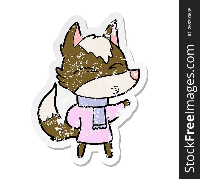 Distressed Sticker Of A Cartoon Wolf In Winter Clothes
