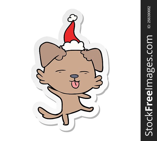 Sticker Cartoon Of A Dancing Dog Wearing Santa Hat