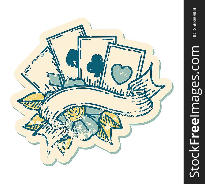 iconic distressed sticker tattoo style image of cards and banner. iconic distressed sticker tattoo style image of cards and banner