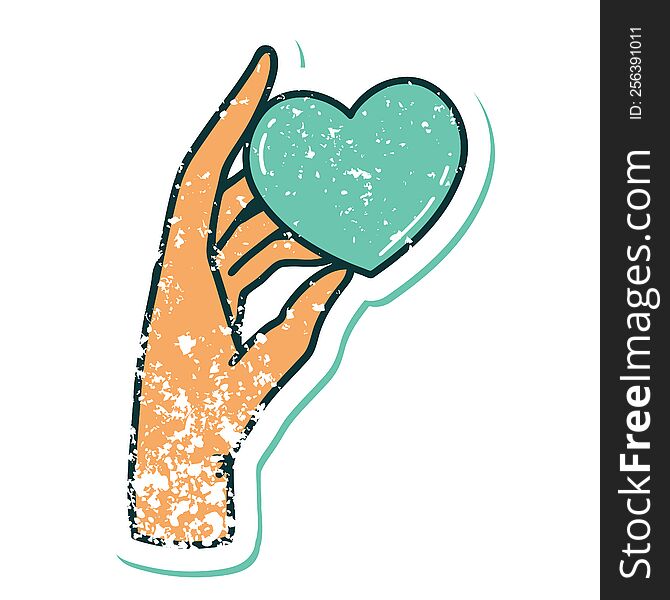 Distressed Sticker Tattoo Style Icon Of A Hand Holding A Heart