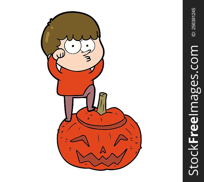 cartoon boy climbing huge pumpkin. cartoon boy climbing huge pumpkin