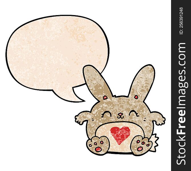 Cute Cartoon Rabbit And Love Heart And Speech Bubble In Retro Texture Style