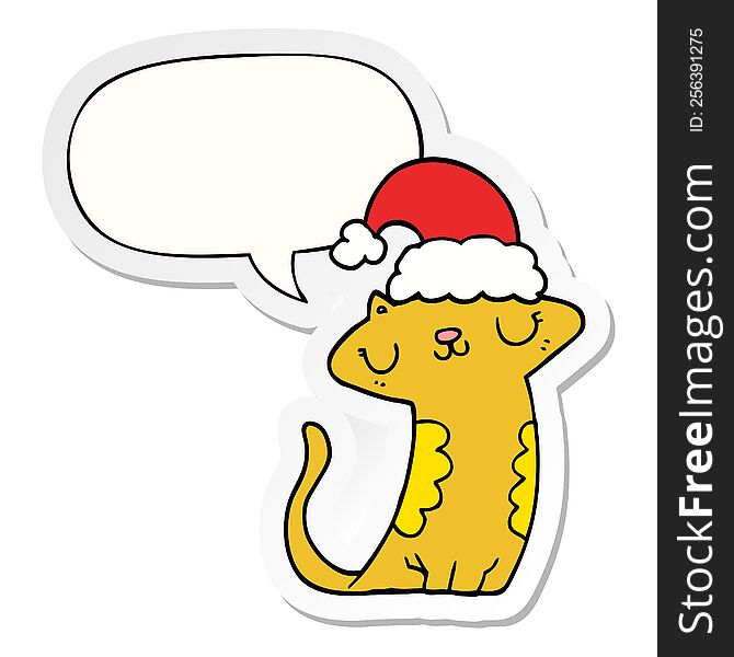 Cute Cartoon Cat Wearing Christmas Hat And Speech Bubble Sticker