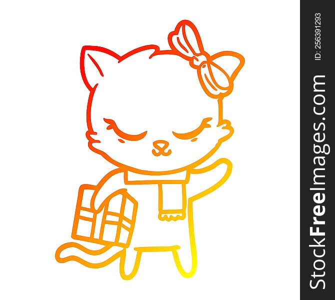 warm gradient line drawing of a cute cartoon cat with present