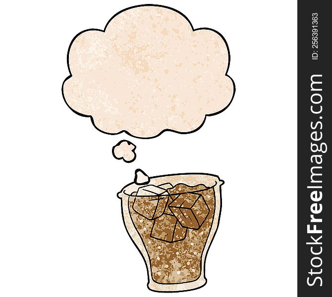 cartoon glass of cola and thought bubble in grunge texture pattern style