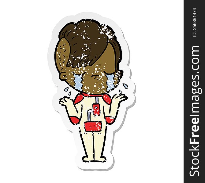 Distressed Sticker Of A Cartoon Crying Girl Wearing Space Clothes