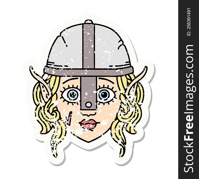 grunge sticker of a elf fighter character face. grunge sticker of a elf fighter character face