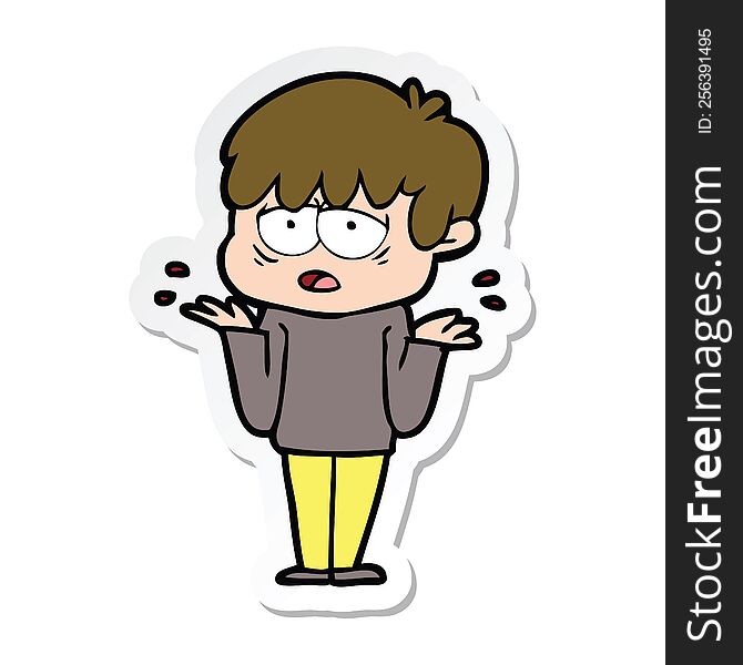 Sticker Of A Cartoon Exhausted Boy Shrugging Shoulders